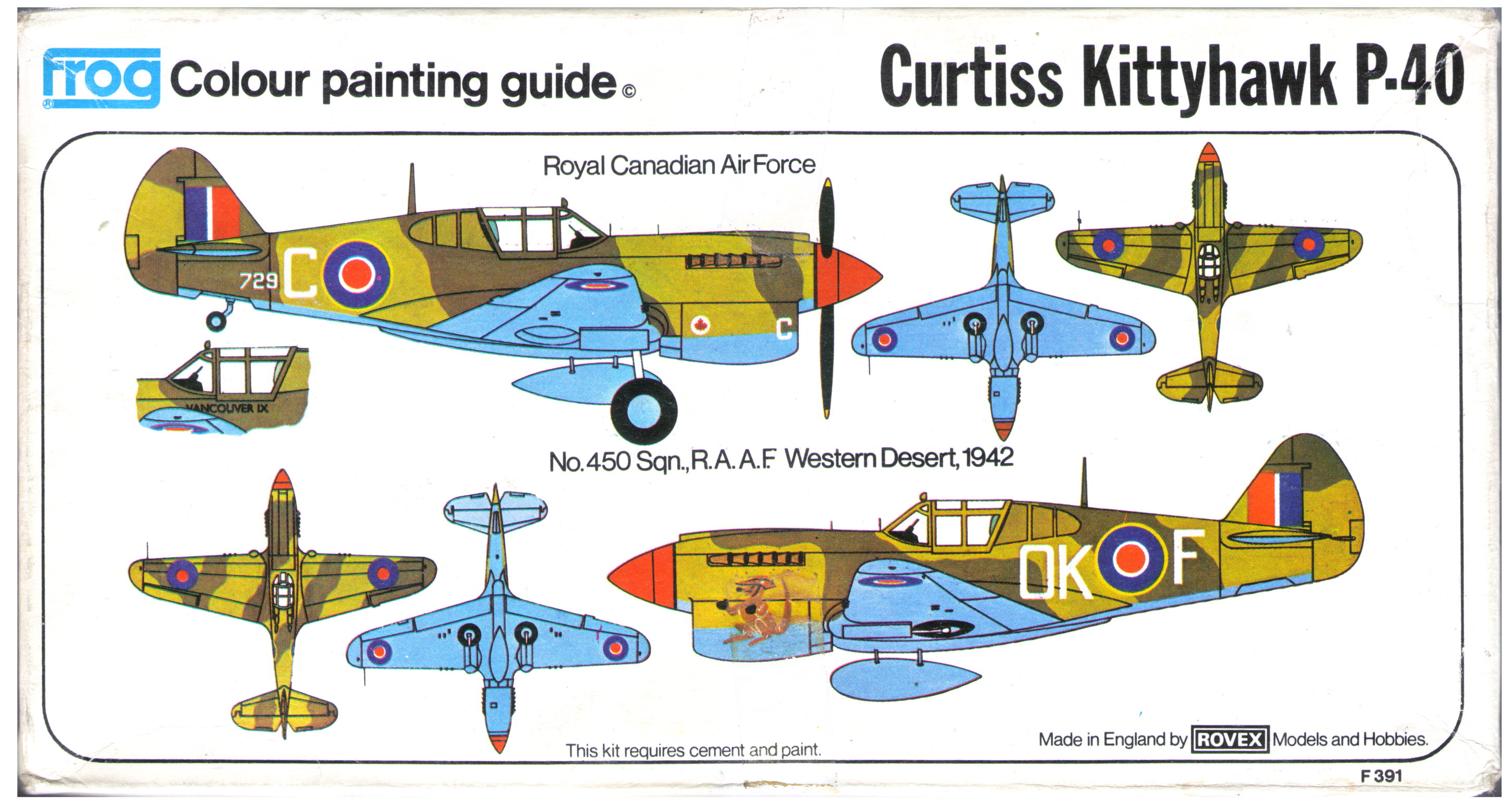Схема окраски и маркировки FROG F391 Curtiss P-40E Warhawk (Kittyhawk IA) Fighter bomber, Blue series, Rovex Hobbies & Models, 1974-75